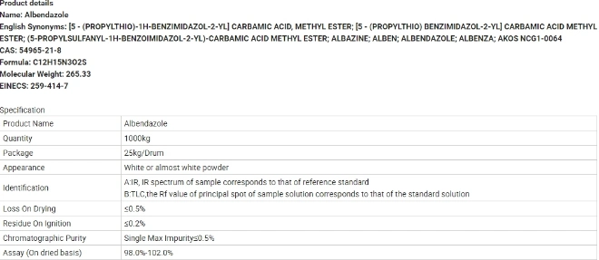 Hot! Feed Additives; 99% Albendazole Animal Veterinary